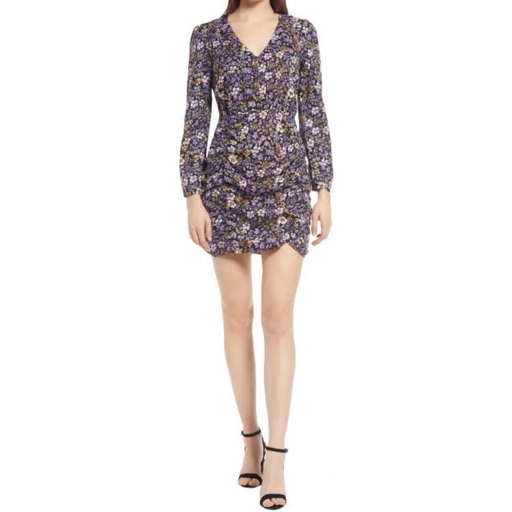 Vero Moda Purple Floral Ruched V-Neck Mini Dress Size‎ S Long Sleeve Polyester